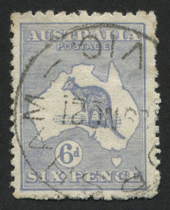 Kangaroos - Third Watermark: 1915-27 6d Ultramarine Die II, variety "Break in left frame in middle" [2L49], Horsham (Vic) datestamp. BW:19(2)g - Cat. $200.