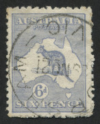 Kangaroos - Third Watermark: 1915-27 6d Ultramarine Die II, variety "Break in left frame in middle" [2L49], Horsham (Vic) datestamp. BW:19(2)g - Cat. $200.
