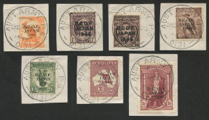 BCOF Japan: 1946-47 (SG.J1 - J7a) ½d - 5/- (Thin paper), complete set VFU, each stamp tied on a small piece by a complete strike of the "AUST ARMY P.O. 0131" cds for "8AU48". Cat.£275.