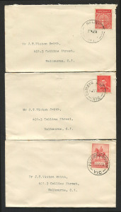 VICTORIA - Postmarks: 1938 Datestamps on small covers to Melbourne stockbroker Vinton Smith comprising COWLEY'S CREEK (Rated 'S'), PETERBOROUGH and RELIEF/No1. All are fine complete strikes. (3 covers)