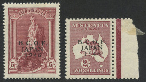 BCOF Japan: 1947 (SG.J6 & 7a) 2/- Kangaroo & 5/- Robes (Thin rough paper), Mint. (2).