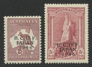 BCOF Japan: 1947 (SG.J6 & 7) 2/- Kangaroo & 5/- Robes (Thick paper), Mint. (2).