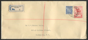 VICTORIA - Postmarks: PETERBOROUGH: registered cover to Melbourne stockbroker Vinton Smith with 2d Silver Jubilee & KGVI 3d blue tied by 'PETERBOROUGH/8DE38/VIC' datestamp, black/blue registration label.