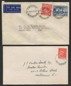 WESTERN AUSTRALIA - Postmarks: FIMISTON: 1937 airmail cover to Melbourne with three superb strikes (two tying stamps) of 'FIMISTON/14JA37/WESTN AUSTRALIA' datestamp (with time code); also 1938 postcard from North Kalgurli (1912) Ltd to the same addressee