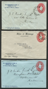 Australia: Postal Stationery: Envelopes: KGV/KGVI Oval Embossed Selection comprising KGV 1d Green, KGV 2d Red PTPO for Commonwealth Wool & Produce, KGVI 1d Green (4) two stamped 'PRINTED MATTER ONLY', KGVI 2d Red (2) PTPO for Shire of Wodonga or for Comm