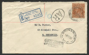 Australia: Postal History: 1938 (Oct.12) local Melbourne registered 'AR' cover addressed to Brunswick with KGV 5d Brown tied by 'REGISTERED ELIZABETH ST' datestamp, BRUNSWICK arrival datestamp on face and 'UNCLAIMED/AT BRUNSWICK' boxed handstamp, appropr