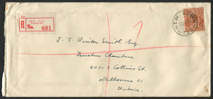 TASMANIA - Postmarks: NEW TOWN: 1938 registered cover to Melbourne stockbrokers Vinton Smith with fine strike of 'NEW TOWN/29AU38/TAS' datestamp tying KGV 5d Brown, red/white New Town registration label.