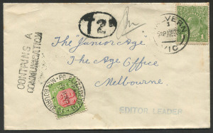 Australia: Postal History: 1936 (Nov.10) cover to 'The Age' office (Melbourne) with KGV 1d Green tied by MALVERN datestamp, underpaid and taxed with 'T 2D'-in oval handstamp and 2d Due added tied by superb strike of 'PO ELIZABETH ST/PBR/11NO36/1/MELBOURN