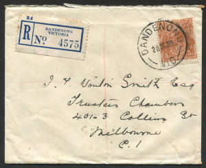 VICTORIA - Postmarks: DANDENONG: 1938 small registered cover to Melbourne with superb strike of 'DANDENONG/26SE38/VIC' datestamp (WWW. 110A, rated 'S'), blue/white registration label, REGISTERED/MELBOURNE arrival backstamp.
