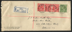 VICTORIA - Postmarks: NHILL: 1937 registered double-rate business envelope to Melbourne with KGV 2d Red strip of 3 and 1d Green tied by fine strikes of 'NHILL/11JA34/VIC' datestamp (WWW. 70B, LDL, no time code), blue/white registration label, backstamped