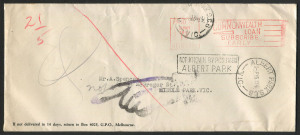 Australia: Postal History: 1941 (May 13) Melbourne local cover with 'PAID AT/1D/MELBOURNE' Commonwealth Loan slogan datestamp, ALBERT PARK '15MY41' arrival datestamp, boxed 'NOT KNOWN BY POSTMEN/ALBERT PARK' handstamp alongside, RTS Pointing Finger hand