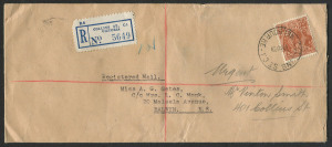 Australia: Postal History: 1938 (Aug.19) Melbourne registered cover to Balwyn with KGV CofA 5d tied by COLLINS ST datestamp, blue/white registration label, appropriate backstamps and wax seals.