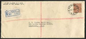 NEW SOUTH WALES - Postmarks: EXCHANGE: 1937 FJ Walker Ltd registered cover to Melbourne stockbroker Vinton Smith with 5d Brown tied by superb strike of 'EXCHANGE/5FE37/NSW' datestamp (with time code), blue/white registration label, appropriate backstamps