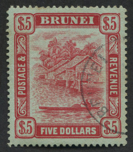 BRUNEI: 1908-22 (SG.47) $5 carmine on green, View on Brunei River, FU. Cat.�350.