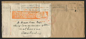 CEYLON - Postal History: 1951 (Jun.29) Colombo Police Department re-use of envelope (previously registered), to Australia with 'On H.M.S' illustrated ("Grow More Food") label affixed to reverse, tied by 'COLOMBO/29JUN51' slogan cancel and 'COLOMBO OFFICIAL PAID' datestamp in red, addressed to "Chief Commissioner of Police, Melbourne".