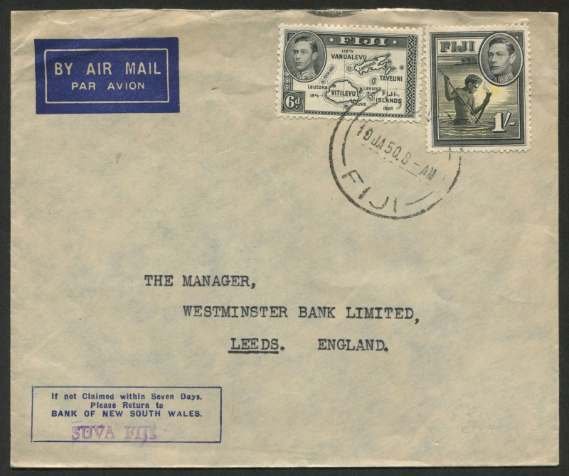 FIJI: Jan.1950 usage of 6d Map + 1/- Spearing Fish on commercial airmail cover from SUVA to ENGLAND.