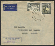 FIJI: Jan.1950 usage of 6d Map + 1/- Spearing Fish on commercial airmail cover from SUVA to ENGLAND.