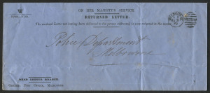 VICTORIA - Postal History: 1870 (Aug.31) of stampless Dead Letter Branch 'RETURNED LETTER' Envelope, addressed to "Police Department, Melbourne", 'MELBOURNE/8X/AU31/70' duplex cancel; few pinholes & light folds.