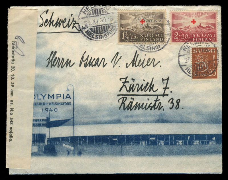 FINLAND - Postal History: "OLYMPIA HELSINKI - HELSINGFORS 1940" illustrated envelope, attractively used in November 1939 from Helsinki to Zurich; the adhesives tied by the HELSINGFORS postmarks; censor tape at left. Helsinki images on reverse. [Originall