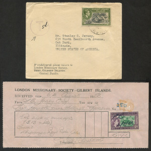 GILBERT & ELLICE ISLANDS: Postal History: 1958 (Sep) London Missionary Society cover from Beru to USA underpaid with KGVI 2�d Pictorial indistinctly tied, taxed with 'T' "5d"-in circle handstamp applied, Tarawa backstamp, stamped Missionary receipt within.