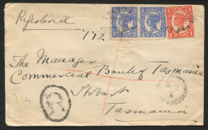 QUEENSLAND - Postal History: 1907 (Sep.27) P.Bros & D ('Oakwood', Augathella) registered Tatts cover to Hobart with 2d Sidefaces (2, one with "Worn frameline at base") and 1d tied by indistinct cancel, weak AUGATHELLA datestamp beneath, on reverse superb