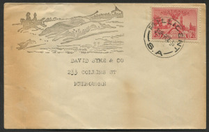 FDC: 1936 (Dec.9) cover to David Syme & Co (Melbourne) with 2d SA Centenary tied by 'MILLICENT/9DE36/S.A.' datestamp, unusual "Hare & Hounds" woodblock illustration; some aging.