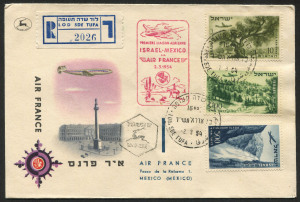 ISRAEL - Postal History: FIRST FLIGHT COVER: 2nd March 1954 AIR FRANCE flown cover from LOD to MEXICO; registered, with arrival backstamps.