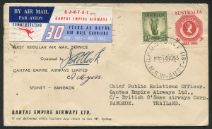 AUSTRALIA: Aerophilately & Flight Covers: 14 Nov.1953 (AAMC.1331) Sydney - Bangkok cover carried by QANTAS on their inaugural service to London via Bangkok; with special vignette and signed by pilots, Capt. J. Pollock and A. Myers. With "Kangaroo Service