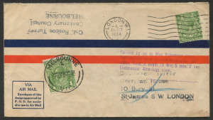 AUSTRALIA: Aerophilately & Flight Covers: 20 - 29 October (AAMC.434) MacRobertson Air Race cover carried by Roscoe Turner & Clyde Pangborn with violet cachet.