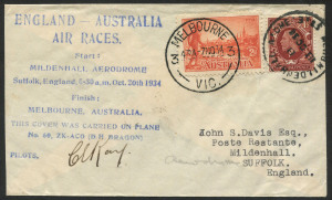 AUSTRALIA: Aerophilately & Flight Covers: 20 October 1934 (AAMC.438) MacRobertson Air Race cover carried by Hewitt, Kay & Stewart and signed by C.E.Kay.