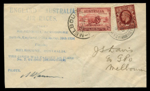 AUSTRALIA: Aerophilately & Flight Covers: 20 October 1934 (AAMC.441) MacRobertson Air Race cover carried by Hansen & Jensen in their Desoutter NK11; signed by Hansen. (Only 110 flown]. Cat.$400