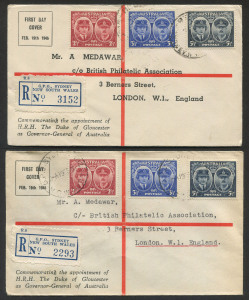 FDC: 19 Feb.1945 Duke & Duchess of Gloucester sets on two registered Medawar FDCs from Sydney; one with printed address, the other with typed address. (2).