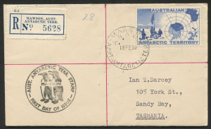 ANTARCTICA: 18 Feb.1958 registered airmail cover from MAWSON Base to TASMANIA