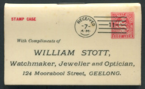 STAMP CASE: 1907 promotional item in celluloid for William Stott (Geelong) "Watchmaker, Jeweller & Optician", produced Whitehead & Hoag of Newark, New Jersey and distributed through their Rae, Munn & Gilbert (Melbourne) office, 1907 calender at the back, overall 38x63mm.