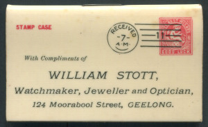 STAMP CASE: 1907 promotional item in celluloid for William Stott (Geelong) "Watchmaker, Jeweller & Optician", produced Whitehead & Hoag of Newark, New Jersey and distributed through their Rae, Munn & Gilbert (Melbourne) office, 1907 calender at the back, 