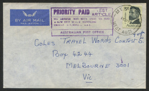 Australia: Postal History: 1970 (Jul.16) small cover to Melbourne with 'PRIORITY PAID/TEST ARTICLE' (interstate mail) cachet in violet, 5c Watson tied by 'MT HAWTHORN/16JY70' (WA) datestamp, timeclock arrival backstamp. Fine condition.