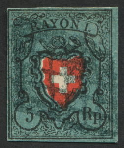 SWITZERLAND: 1850 5rp Rayon I black/vermilion on blue, cross without borderline, complete margins, no faults, lightly struck grid cancel, Mi.7II - Cat. ��480.