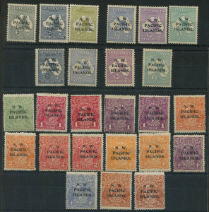 NEW GUINEA - 'N.W./PACIFIC/ISLANDS' Overprints: Overprinted mint selection with Roos (10) to 1/- (2) incl. Second Wmk 6d to 1/-, KGV Heads (15) to 5d (2) incl. 4d violet and 4d ultramarine; some gumside condition issues.