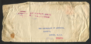 NEW ZEALAND - Postal History: 1939 (May) Smith, Beauchamp & Co (Wanganui) airmail cover to England with stamp washed-off but with part WANGANUI datestamp intact, 'SALVAGED MAIL/EX CENTURION' handstamp in red, some water staining as is usual.