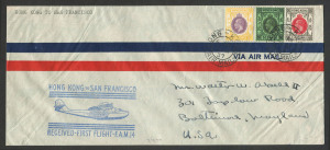 HONG KONG - Postal History: 1937 (Apr.29) flight cover to USA via PanAm FAM-14 with KGV $2, 50c & 30c tied by 'HONG KONG/AIRMAIL' datestamps, 'HONG KONG TO SAN FRANCISCO cachet in blue, SAN FRANCISCO transit backstamp.