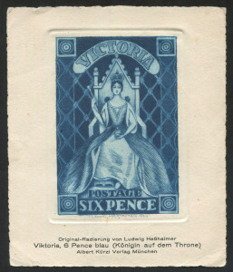 VICTORIA: 1924 large format Hesshaimer 'Proof' of 1858 6d blue Queen-on-Throne, stamped '191' on reverse.