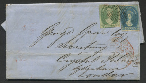 TASMANIA - Postal History: 1858 (Feb.12) entire to the "Crystal Palace Co, Sydenham, London" with imperf 2d & 4d Chalons (defects) with BN '62' cancel just tying the stamps, part stike of 'GENERAL POST OFFICE/HOBART-TOWN' datestamp in red beneath, 'LONDO