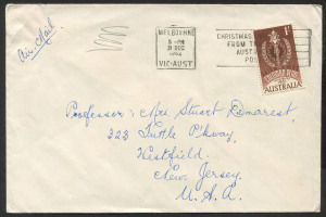 Australia: Other Pre-Decimals: 1962 (SG.339) solo use of 1/- Colombo Plan on airmail cover to USA paying the correct 1/- unsealed greetings card rate.