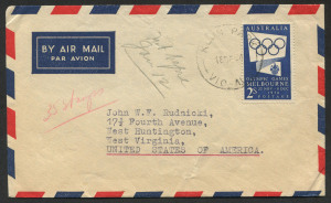 Australia: Other Pre-Decimals: 1954 (SG.280) solo use of 2/- blue Olympic Games Propaganda paying airmail rate on cover to USA, stamp tied by tidy 'KEON PARK/18DE54' datestamp.