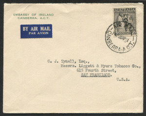 Australia: Other Pre-Decimals: 1951 (SG.223a) use of 1/6d Blackish-Brown Hermes on Embassy of Ireland (Canberra) airmail cover to USA, adhesive tied by fine strike of 'AIR MAIL/26AP51/CANBERRA ACT' datestamp. Fine condition.