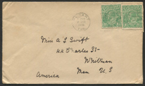 KGV Heads - Single Watermark: 1½d Green (2) postal use, paying 3d surface rate, on 1938 (Mar.11) cover to USA. Adhesives tied by HOBART slogan cancel. Late usage.