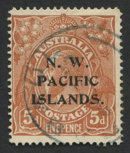 NEW GUINEA - 'N.W./PACIFIC/ISLANDS' Overprints: 1915-16 (SG.72) Line Perf P14� 5d Brown variety "White flaws on value tablet at right & on lower frameline beneath" also overprint variety "White hole in left limb of 'W' of 'N.W.', fine used with RABAUL datestamp.