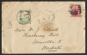 NEW ZEALAND - Postal History: 1904 (Apr.6) underpaid cover from Auckland to Hamilton with 1d Universal tied by indistinct bars cancel, circular 'TO PAY/2d/DOUBLE DEFICIENCY POSTAGE' applied with 2d Due SG.D11 added and tied by HAMILTON datestamp, AUCKLAND & HAMILTON backstamps.
