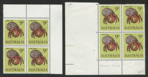 Australia: Decimal Issues: 1966 (SG.390) 9c Hermit Crab, lower left cnr.blk.(4) with variety "Broken feeler" BW:452z; also, top right cnr.blk.(4) with variety "Diagonal green band in upper right corner" BW:452d. (8 stamps MUH.