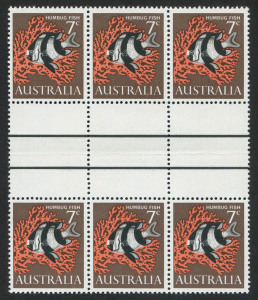 Australia: Decimal Issues: 1966 (SG.388) 7c Humbug Fish, gutter blk.(6) with varieties "Weakness under IA of AUSTRALIA" and "Dark brown spot top left corner" [Units 4 & 5 in the blk..], fine MUH.